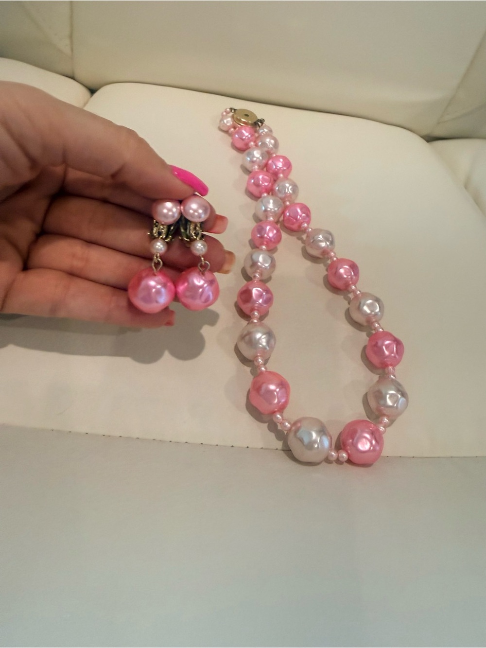 Vintage Japan Pink Pearl Bead Necklace and Clip On Earrings Set